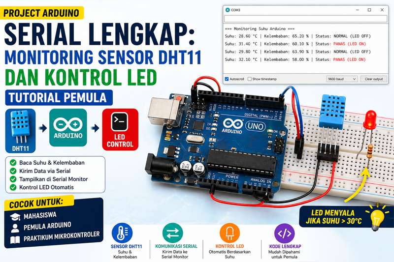 Project Arduino Serial Lengkap: Monitoring Sensor DHT11 dan Kontrol LED (Tutorial Pemula)